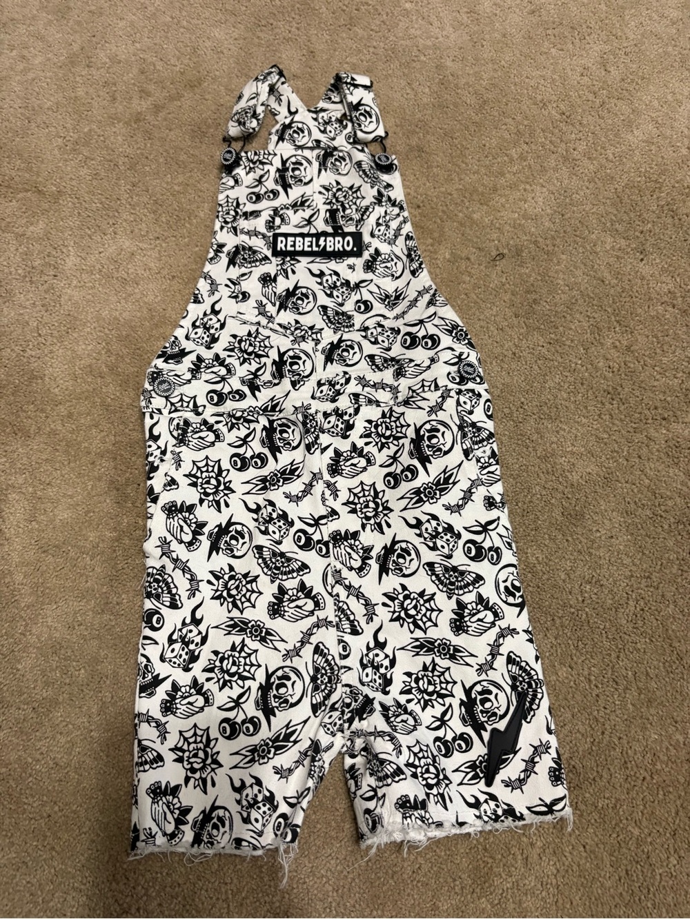 REBEL Bro Black & White Tattoo Print Short Overalls